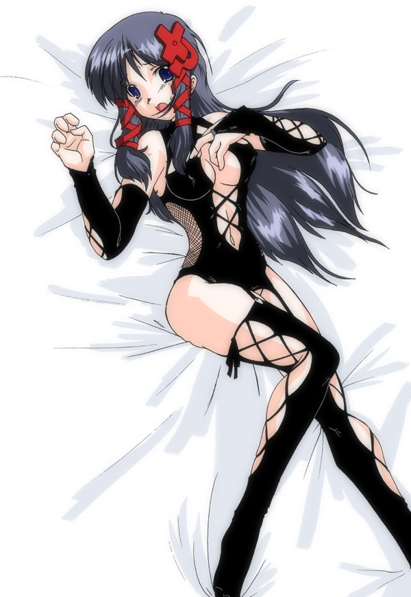 45acp, xp-tan, os-tan, 1girl, :o, bed sheet, black thighhighs, blue eyes, breasts, bridal gauntlets, cleavage, corset, covered erect nipples, female focus, fishnets, grey hair, hair ornament, hair ribbon, large breasts, long hair, lying, on back, open mouth, ribbon, solo, thighhighs, tress ribbon