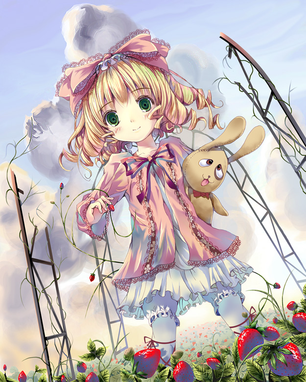 yamamoto nori, hinaichigo, kunkun, rozen maiden, 00s, 1girl, blonde hair, bow, doll, female focus, food, fruit, green eyes, name connection, object namesake, pink bow, solo, strawberry