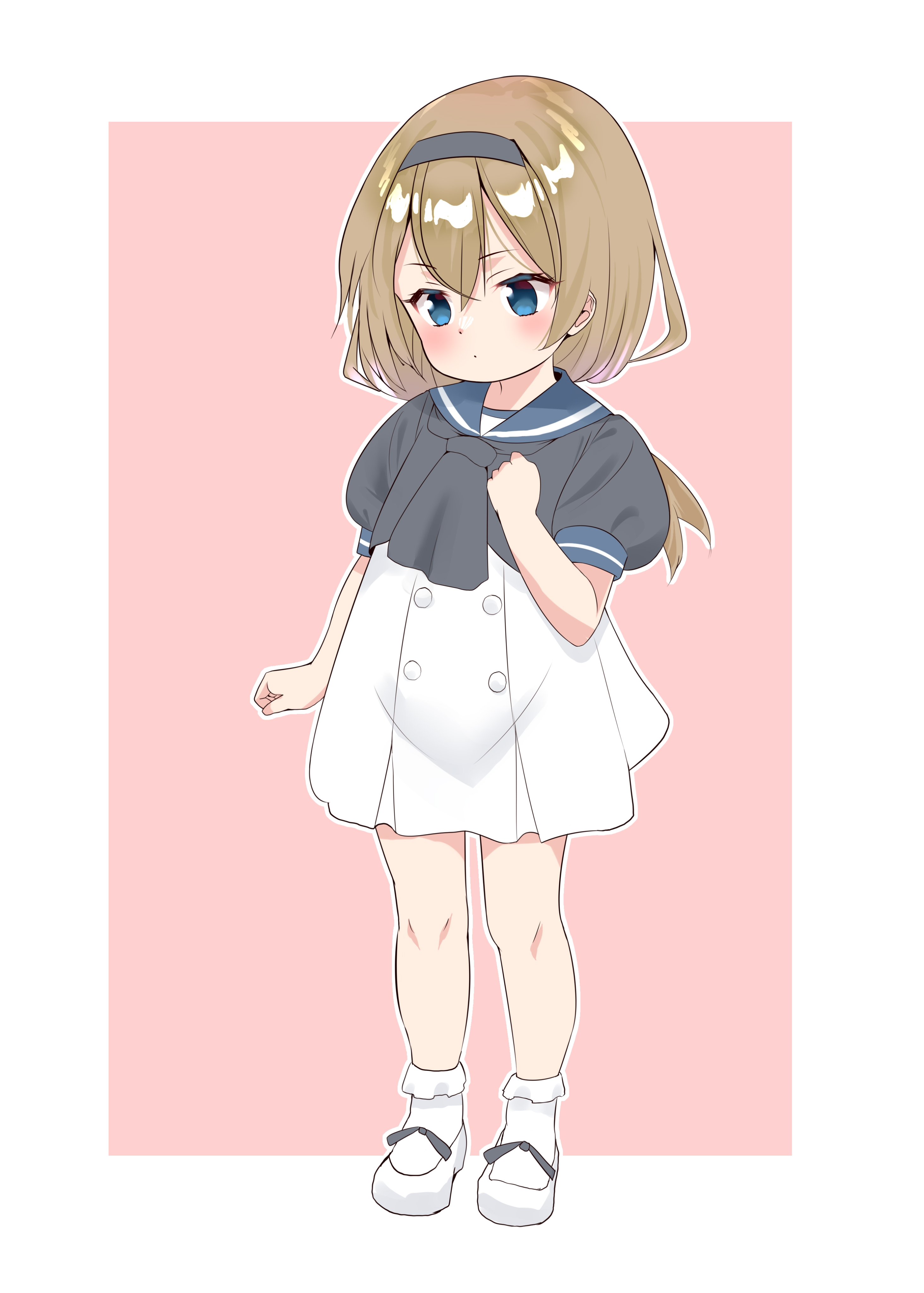 sakurai nana (moshichi), jervis (kancolle), valiant (kancolle), kantai collection, absurdres, commentary request, highres, 1girl, aged down, black hairband, black jacket, black neckerchief, blonde hair, blue eyes, blue sailor collar, cosplay, dress, full body, hairband, jacket, jervis (kancolle) (cosplay), long hair, low ponytail, neckerchief, pink background, ponytail, sailor collar, sailor dress, shoes, short sleeves, socks, solo, standing, white dress, white dresss, white shoes, white socks