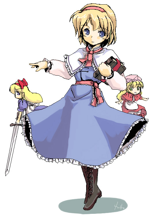 akiyama nenehisa, alice margatroid, hourai doll, shanghai doll, touhou, cross-laced footwear, 1girl, :d, apron, blonde hair, blue dress, blue eyes, book, bow, capelet, dress, female focus, frills, grimoire, grimoire of alice, hair bow, hairband, long sleeves, looking at viewer, oekaki, open mouth, red dress, sash, simple background, smile, solo, standing, sword, tiptoes, waist apron, weapon, white background, yellow eyes