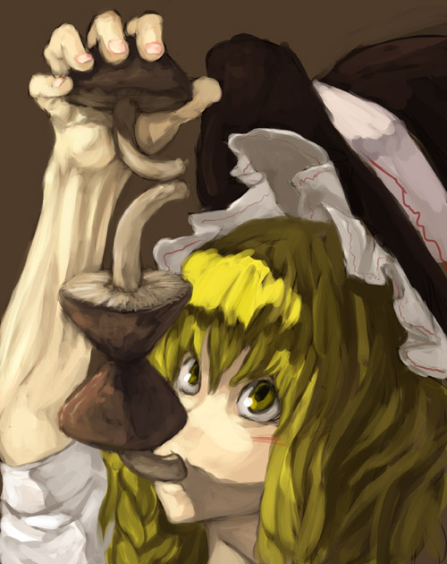 binayu, kirisame marisa, touhou, head, 1girl, balancing, blonde hair, braid, brown background, female focus, hair between eyes, hat, long hair, looking up, mouth hold, muscular, mushroom, simple background, solo, witch hat, yellow eyes