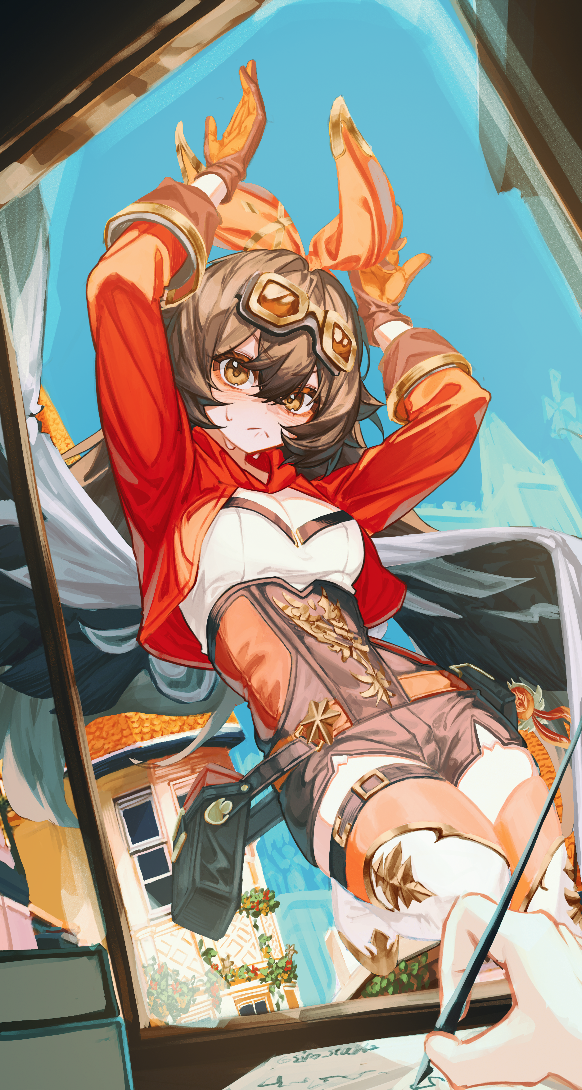 black knight, amber (genshin impact), genshin impact, absurdres, highres, 1girl, blue sky, breasts, brown corset, brown eyes, brown hair, brown shorts, cleavage, corset, cropped jacket, gloves, goggles, goggles on head, hair ribbon, holding, holding quill, jacket, long hair, long sleeves, looking at viewer, medium breasts, quill, red gloves, red jacket, red ribbon, ribbon, shorts, sky, solo, window