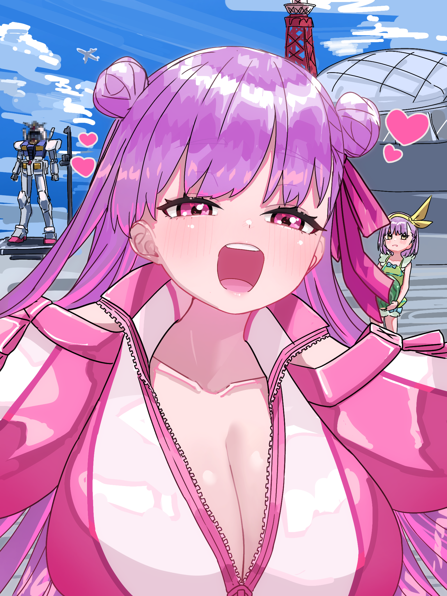 niwaikanai, kazuradrop (fate), kazuradrop (second ascension) (fate), passionlip (fate), fate/grand order, fate (series), gundam, highres, 2girls, bare shoulders, blue sky, blush, bow, breasts, cleavage, clothing cutout, green one-piece swimsuit, hair ribbon, hairband, huge breasts, jacket, long hair, long sleeves, looking at viewer, multiple girls, one-piece swimsuit, open mouth, passionlip (swimsuit saber) (first ascension) (fate), pink eyes, pink jacket, pink ribbon, purple eyes, purple hair, ribbon, short hair, shoulder cutout, sky, small breasts, smile, swimsuit, very long hair, yellow hairband