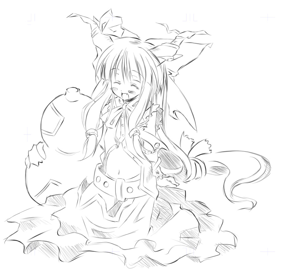 kamiya yuu, ibuki suika, touhou, 1girl, blue theme, female focus, greyscale, long hair, low-tied long hair, midriff, monochrome, navel, oni, open clothes, open shirt, shirt, simple background, solo, white background