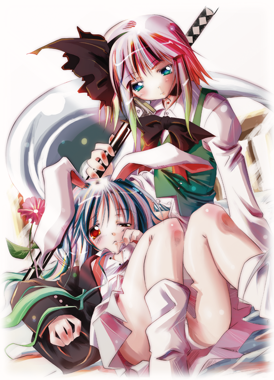 kamiya yuu, konpaku youmu, konpaku youmu (ghost), reisen udongein inaba, touhou, 2girls, animal ears, female focus, flower, hitodama, katana, lying, multicolored hair, multiple girls, necktie, on back, one eye closed, panties, rabbit ears, sitting, socks, striped clothes, striped panties, sword, unbuttoned, underwear, weapon, wink