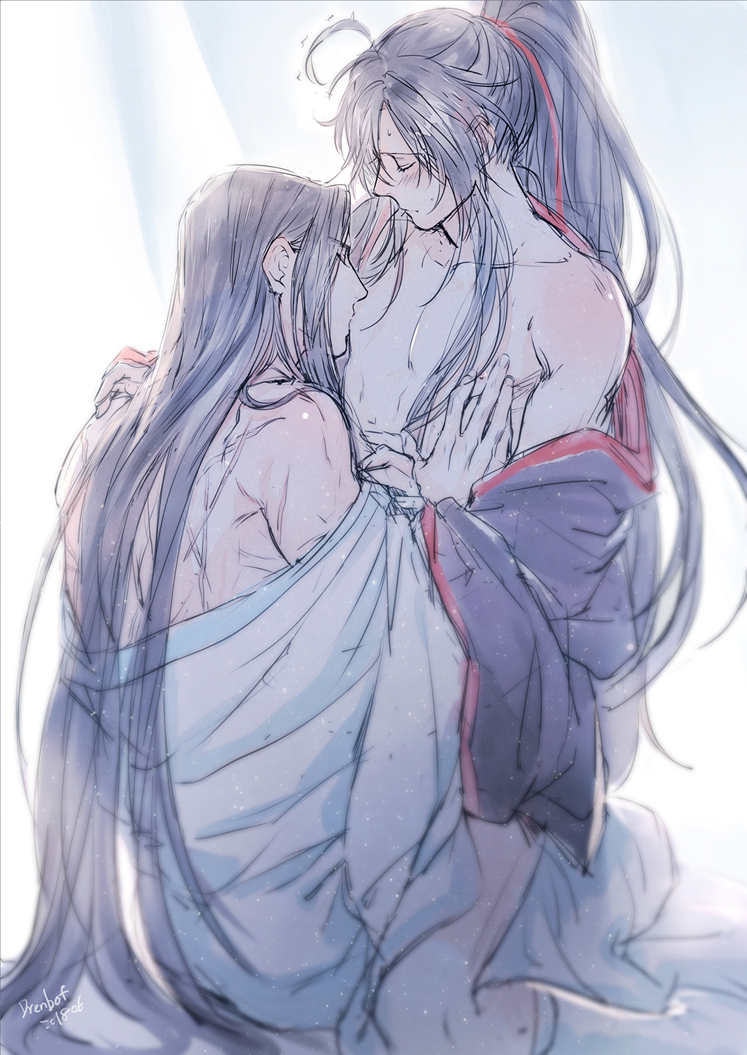 drenbof, lan wangji, wei wuxian, modao zushi, chinese commentary, highres, 2boys, ahoge, anal, artist name, bare legs, bare pectorals, bare shoulders, bishounen, black hair, black hanfu, blush, breast sucking, chinese clothes, closed eyes, closed mouth, clothes down, collarbone, curtains, dated, hair ribbon, hand on another's chest, hand on another's shoulder, hanfu, implied sex, light particles, long hair, long sleeves, male focus, male penetrated, multiple boys, nipple stimulation, nipple tweak, nipples, off shoulder, open clothes, open robe, pectorals, ponytail, red ribbon, ribbon, robe, scar, scar on back, sex, sidelocks, sitting, sitting on lap, sitting on person, socks, straddling, sucking male nipple, sweat, trembling, upright straddle, very long hair, white hanfu, white socks, wide sleeves, yaoi