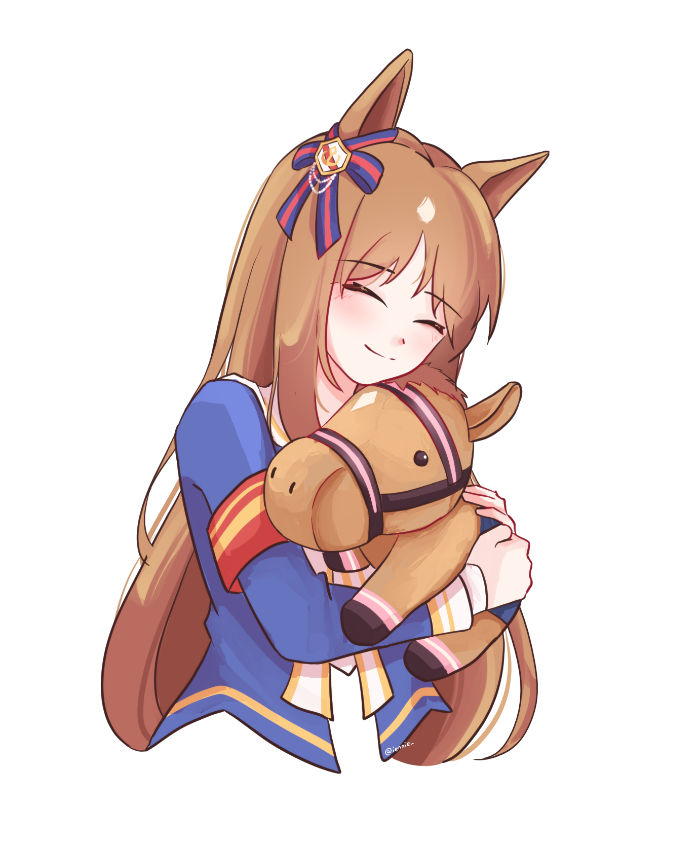 grass wonder (racehorse), grass wonder (umamusume), umamusume, highres, 1girl, animal ears, blue jacket, blush, bow, brown hair, closed eyes, closed mouth, ear ornament, holding, horse ears, horse girl, iennie, jacket, long hair, long sleeves, open clothes, open jacket, sailor collar, simple background, smile, solo, stuffed animal, stuffed horse, stuffed toy, white background