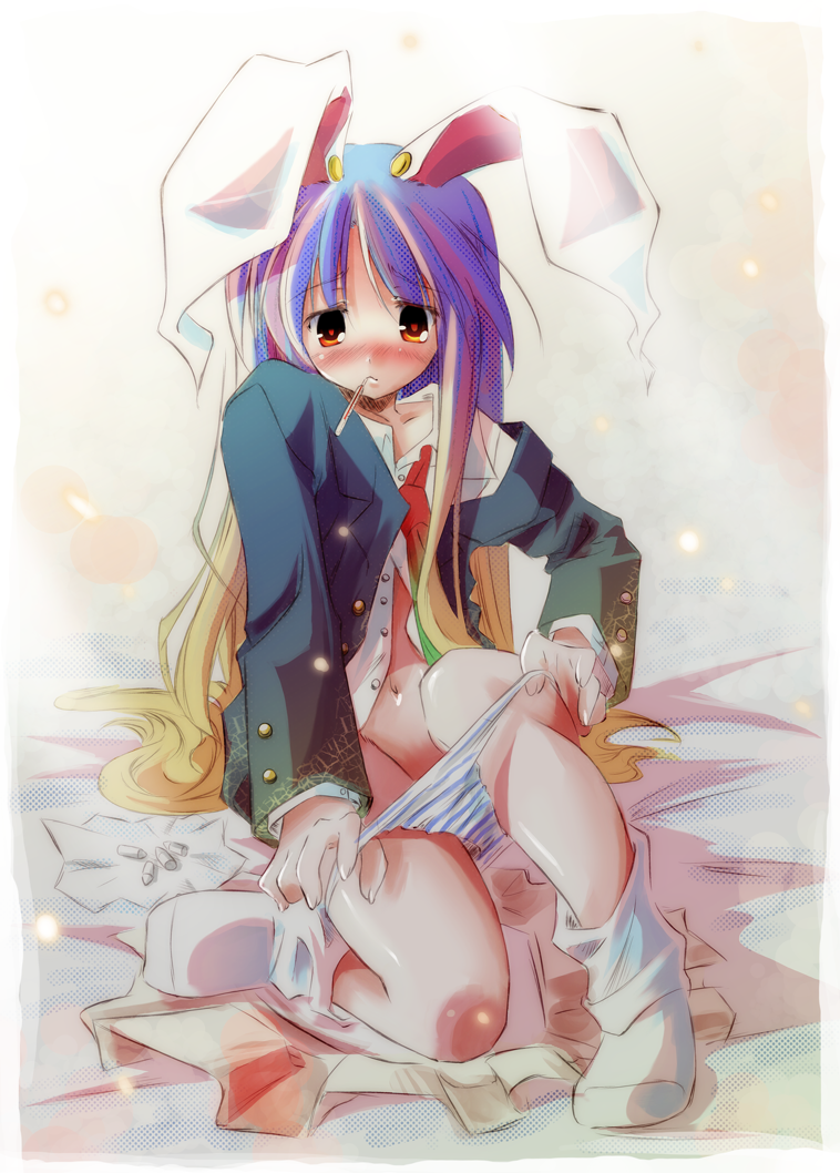 kamiya yuu, reisen udongein inaba, touhou, 1girl, animal ears, blue panties, blush, female focus, gradient hair, heart, multicolored hair, navel, open clothes, open shirt, panties, panty pull, rabbit ears, shirt, socks, solo, striped clothes, striped panties, thermometer, underwear, undressing