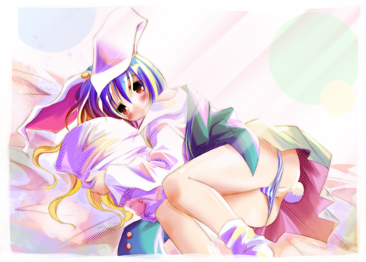 kamiya yuu, pixel phantom, reisen udongein inaba, touhou, 1girl, animal ears, ass, blue panties, blush, female focus, gradient background, gradient hair, multicolored hair, panties, panty pull, pillow, rabbit ears, rabbit girl, rabbit tail, solo, striped clothes, striped panties, tail, underwear