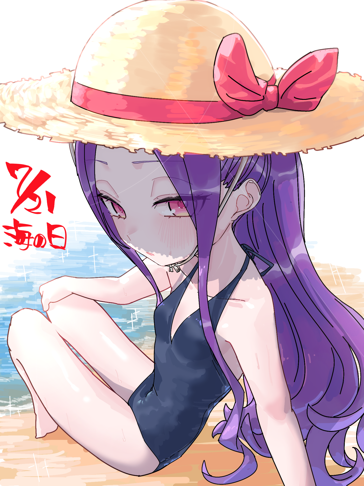 niwaikanai, wu zetian (fate), fate/grand order, fate (series), highres, translation request, 1girl, bare shoulders, beach, black one-piece swimsuit, blush, breasts, covered navel, forehead, hat, long hair, looking at viewer, one-piece swimsuit, parted bangs, purple eyes, purple hair, shore, sidelocks, small breasts, solo, straw hat, swimsuit