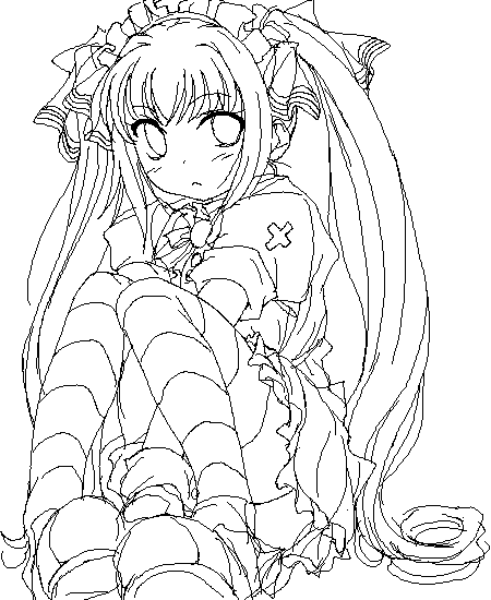 matsukura nemu, kooh (pangya), pangya, 1girl, female focus, greyscale, long hair, monochrome, oekaki, solo, striped clothes, striped thighhighs, thighhighs, twintails, very long hair
