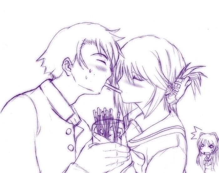 yasakani an, komaki manaka, to heart (series), to heart 2, 00s, 1boy, 1girl, ^^^, blush, couple, folded ponytail, food, hetero, jealous, monochrome, pocky, pocky kiss, purple theme, shared food
