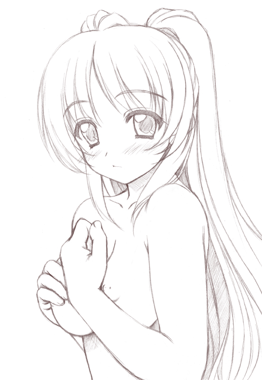 sin-go, kousaka tamaki, to heart (series), to heart 2, 00s, 1girl, blush, breasts, completely nude, covering breasts, covering privates, female focus, greyscale, long hair, monochrome, nude, nude cover, simple background, solo, white background