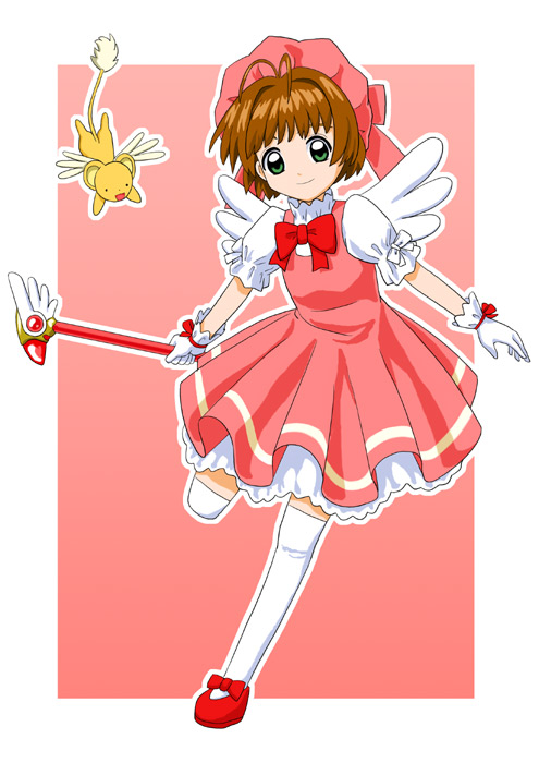 gahiro, sunviola, kero (cardcaptor sakura), kinomoto sakura, kinomoto sakura (magician), cardcaptor sakura, 1990s (style), 1girl, bonnet, child, dress, female focus, fuuin no tsue, gloves, hat, holding, holding wand, magical girl, mary janes, petticoat, pink background, pink dress, pink hat, pink theme, red shoes, retro artstyle, shoes, solo, thighhighs, wand, white gloves, white thighhighs, zettai ryouiki