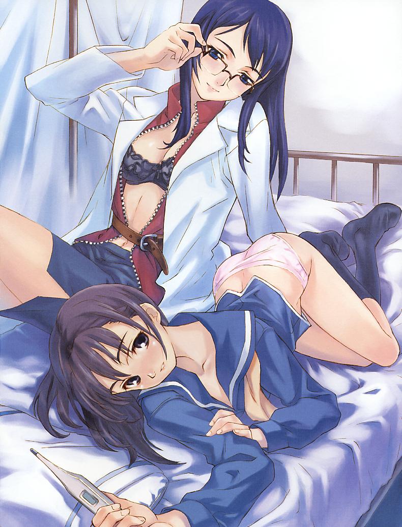 matsuryuu, original, 2girls, adjusting eyewear, bed, belt, black bra, bra, glasses, holding, infirmary, lab coat, lingerie, looking at viewer, lying, multiple girls, no shoes, nurse, on bed, on side, open clothes, open shirt, panties, parted lips, pink panties, school uniform, serafuku, shirt, skirt, socks, thermometer, underwear, undressing, white panties, yuri