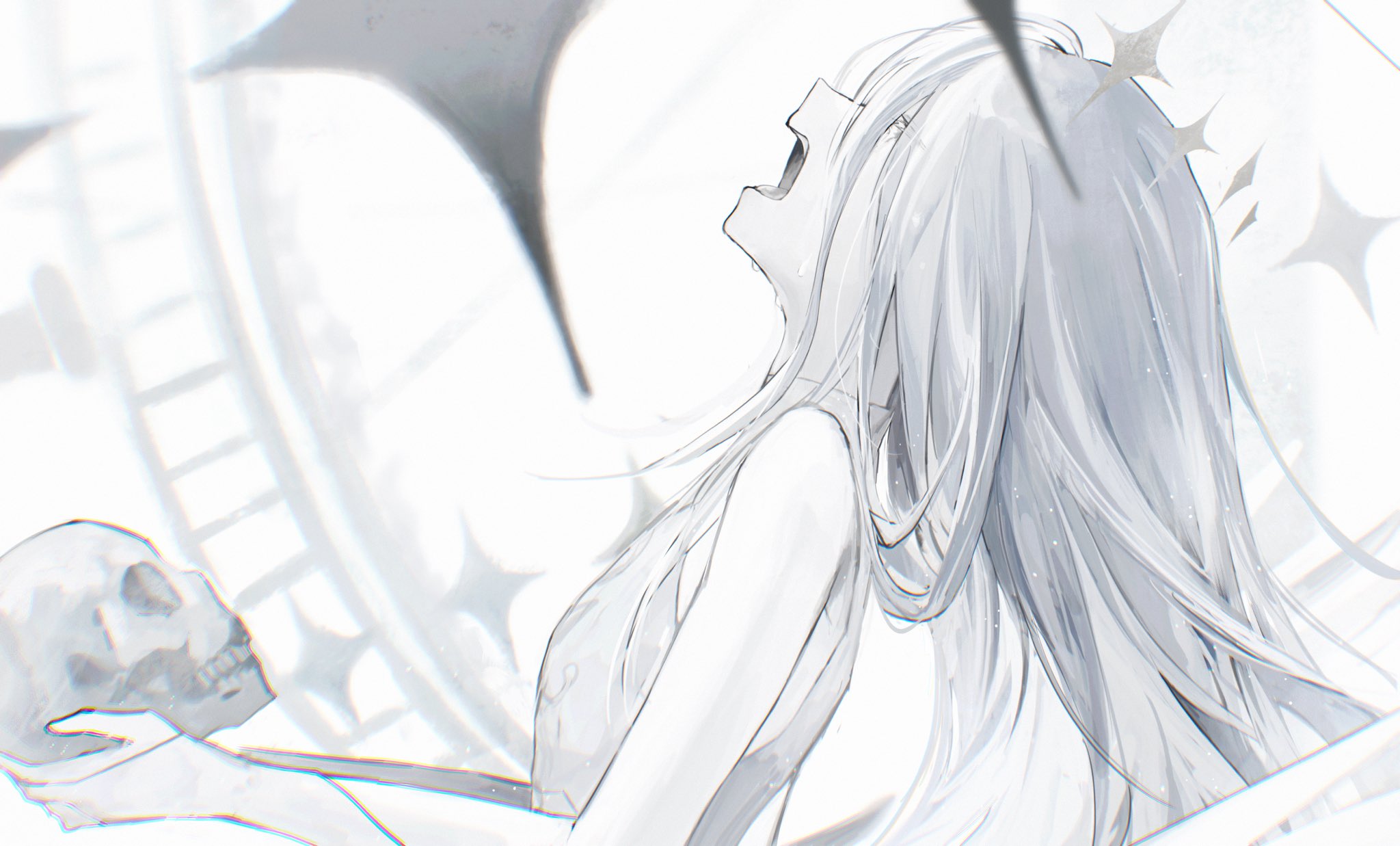 shiruru531, yoisaki kanade, project sekai, derivative work, hashtag-only commentary, highres, 1girl, bloom festival (project sekai), colored skin, crying, crying with eyes open, dress, from side, grey eyes, hair ornament, holding, holding skull, long hair, looking up, official alternate costume, official alternate hairstyle, open mouth, skull, sleeveless, sleeveless dress, solo, star (symbol), star hair ornament, tears, very long hair, white dress, white hair, white skin
