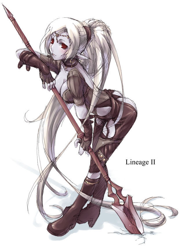 kyo (kuroichigo), dark elf (lineage 2), lineage, lineage 2, 1girl, blue skin, breasts, cleavage, colored skin, dark elf, elf, female focus, pointy ears, polearm, solo, spear, weapon