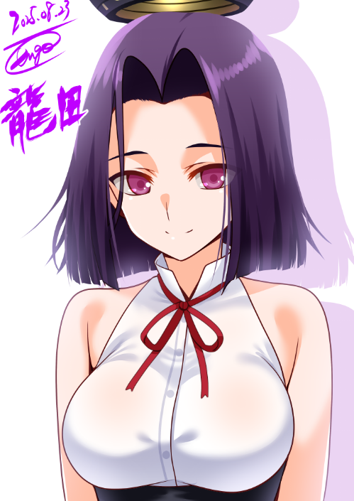 engo (aquawatery), tatsuta (kancolle), kantai collection, 1girl, breasts, character name, collared shirt, dated, dress shirt, halo, large breasts, mechanical halo, one-hour drawing challenge, purple eyes, purple hair, shirt, short hair, signature, sleeveless, sleeveless shirt, smile, solo, white shirt