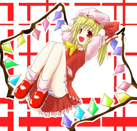 flandre scarlet, embodiment of scarlet devil, touhou, pink legwear, 1girl, blonde hair, blue panties, female focus, hat, heart, mob cap, panties, pantyshot, pink hat, pink shirt, red eyes, red ribbon, red shirt, red shoes, red skirt, ribbon, shirt, shoes, short hair, short sleeves, side ponytail, sitting, skirt, solo, striped clothes, striped panties, underwear, wings, yellow ribbon