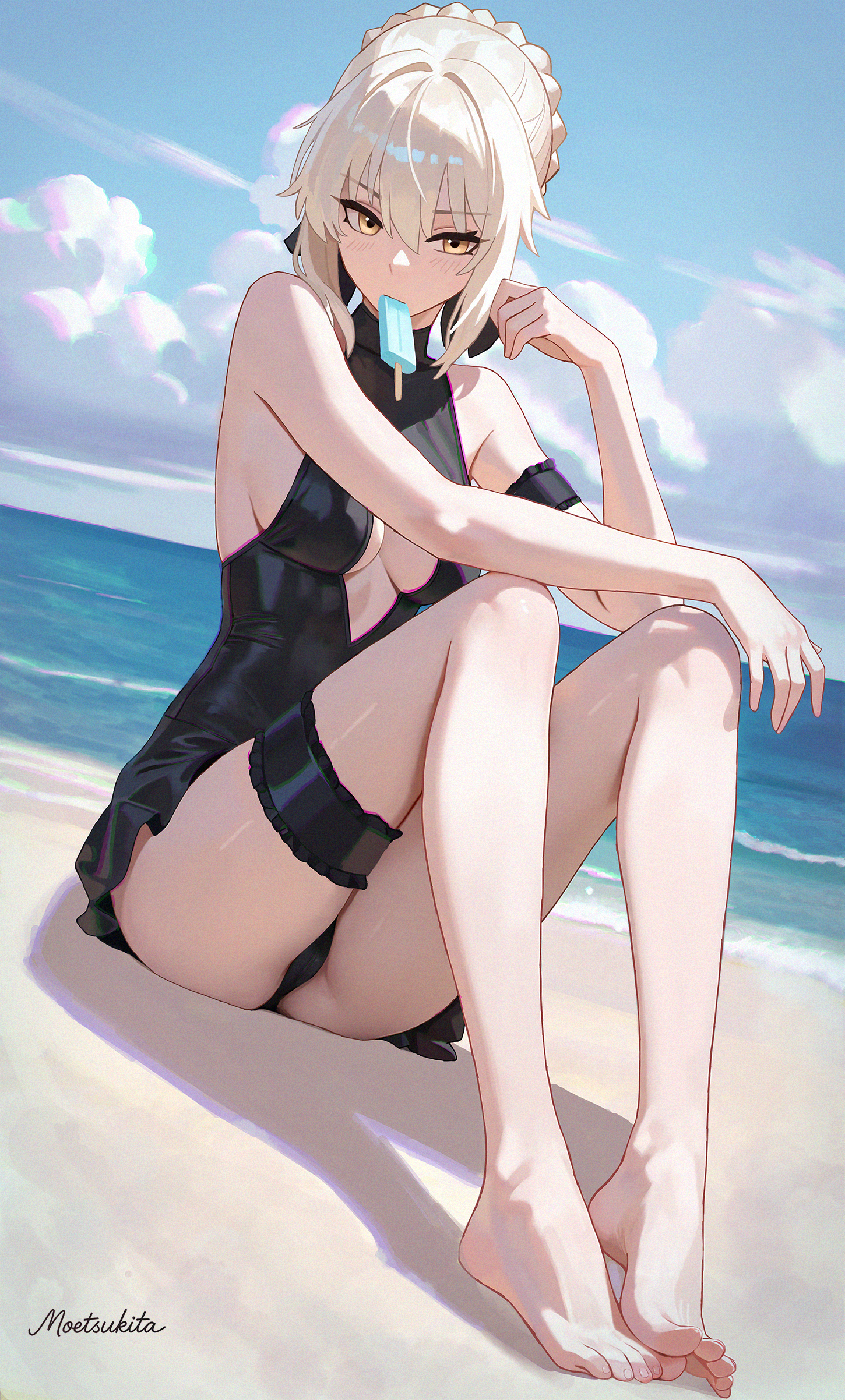 artoria pendragon (fate), saber alter, saber alter (swimsuit rider), saber alter (swimsuit rider) (first ascension), fate/grand order, fate (series), absurdres, commentary, english commentary, highres, 1girl, artist name, barefoot, beach, bikini, black bikini, black dress, blue sky, blush, braid, braided bun, breasts, cloud, dress, food, food in mouth, hair bun, medium breasts, moetsukita, ocean, outdoors, popsicle, popsicle in mouth, short hair, sitting, sky, solo, swimsuit, toes, white hair, yellow eyes