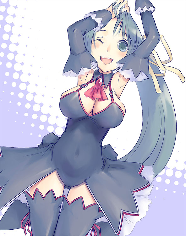 mikage sekizai, sonozaki shion, higurashi no naku koro ni, 00s, 1girl, angel mort, armpits, arms up, breasts, cleavage, detached collar, female focus, large breasts, one eye closed, ponytail, solo, thighhighs, wink