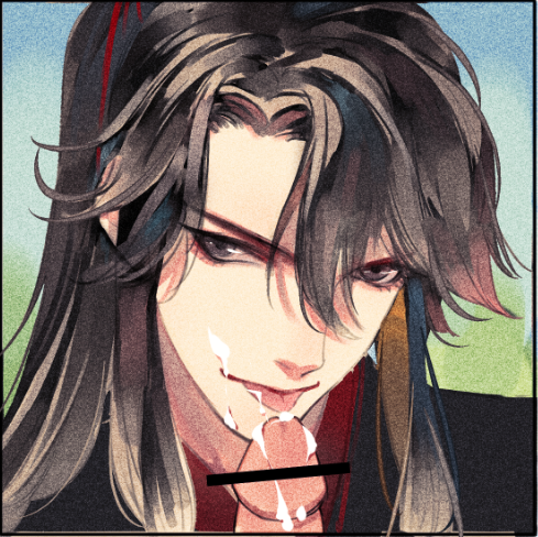wei wuxian, modao zushi, chinese commentary, lowres, 2boys, bar censor, bishounen, black border, black eyes, black hair, black hanfu, border, brown hair, censored, chinese clothes, close-up, cum, cum in mouth, cum on body, dongyexiao, eyelashes, facial, fellatio, grey eyes, hair between eyes, hair ribbon, hanfu, licking, licking penis, long hair, looking at viewer, male focus, multiple boys, oral, outside border, penis, ponytail, portrait, red ribbon, ribbon, sidelocks, smile, solo focus, tongue, tongue out, yaoi