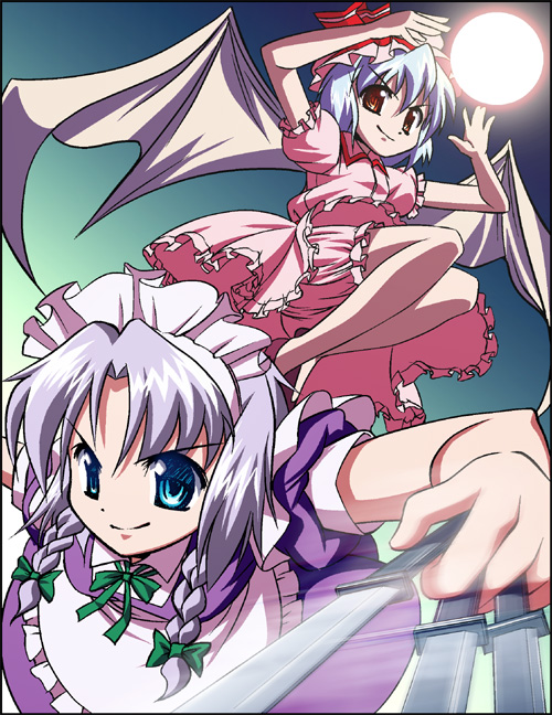 flipflops (artist), takahata yuki, izayoi sakuya, remilia scarlet, touhou, silver hair, 2girls, bat wings, between fingers, bloomers, blue eyes, braid, female focus, gradient background, hat, holding, knife, magic, maid, mob cap, multiple girls, purple hair, red eyes, short hair, throwing knife, twin braids, underwear, weapon, wings