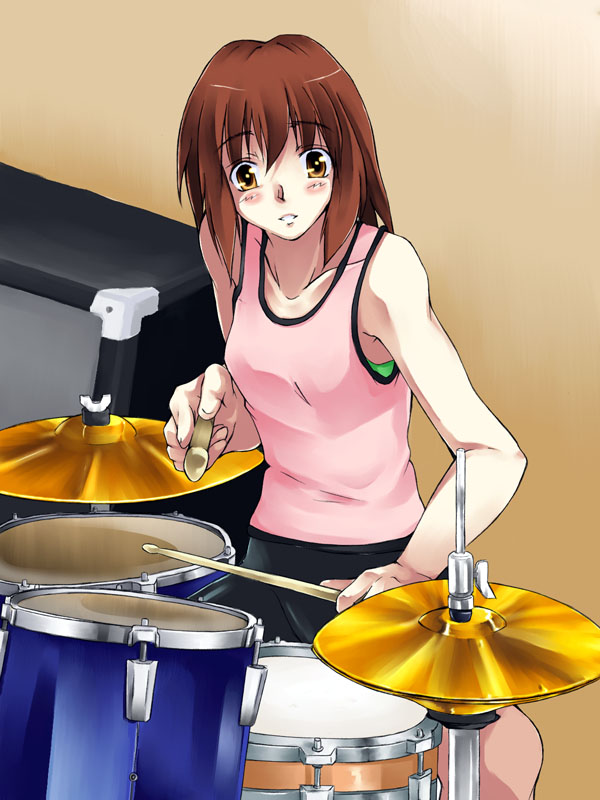 dozepara, original, 1girl, blouse, brown hair, drum, drum set, drumsticks, female focus, instrument, pink shirt, shirt, sitting, solo, tank top