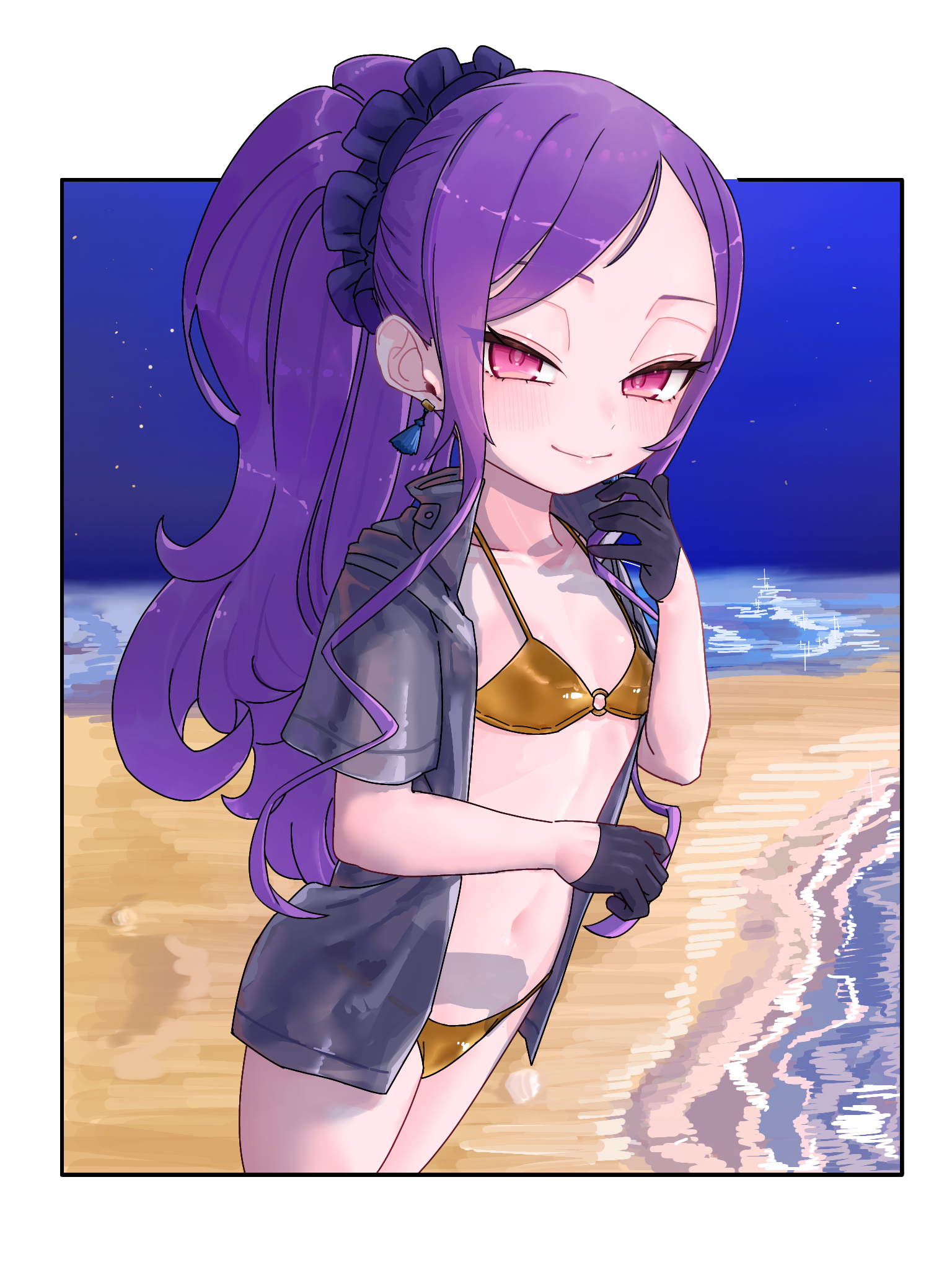 niwaikanai, wu zetian (fate), fate/grand order, fate (series), highres, 1girl, beach, bikini, black gloves, breasts, forehead, gloves, grey shirt, hair ornament, hair scrunchie, long hair, looking at viewer, navel, open clothes, parted bangs, ponytail, purple eyes, purple hair, scrunchie, shirt, shore, short sleeves, sidelocks, small breasts, smile, solo, swimsuit, tassel, thighs, yellow bikini