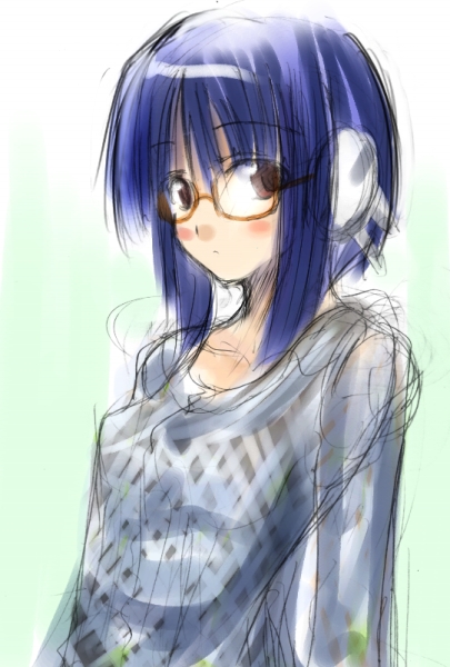 crimsongarden, ilfa (to heart), to heart (series), to heart 2, plaid, 00s, 1girl, android, bespectacled, blue hair, blush, bob cut, breasts, brown eyes, casual, female focus, from side, glasses, gradient background, green background, long sleeves, looking at viewer, looking back, orange-framed eyewear, perky breasts, robot ears, short hair, short hair with long locks, sidelocks, sketch, small breasts, solo, sweater, upper body