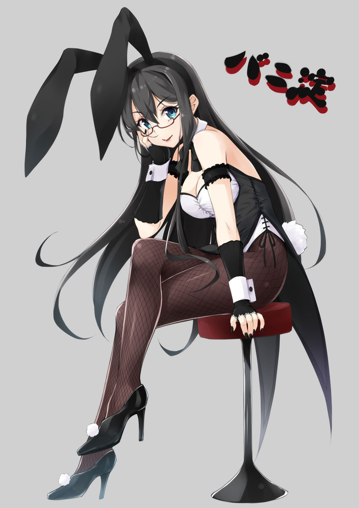 kochipu, ooyodo (kancolle), kantai collection, 1girl, alternate costume, animal ear hairband, animal ears, ascot, black ascot, black gloves, black hair, black pantyhose, blue eyes, character name, coattails, detached collar, fake animal ears, fingerless gloves, fishnet pantyhose, fishnets, full body, glasses, gloves, grey background, hairband, hand on own face, leotard, long hair, pantyhose, playboy bunny, rabbit ears, rabbit tail, side-tie leotard, simple background, sitting, solo, stool, strapless, strapless leotard, tail, tailcoat playboy bunny, white leotard, wrist cuffs