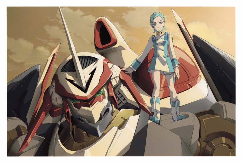 yoshida ken'ichi, eureka (eureka seven), nirvash, eureka seven, eureka seven (series), head, official art, 00s, 1girl, aqua hair, boots, cloud, collar, dress, female focus, hair ornament, hairclip, mecha, robot, solo, standing, sunset, thigh strap, white boots