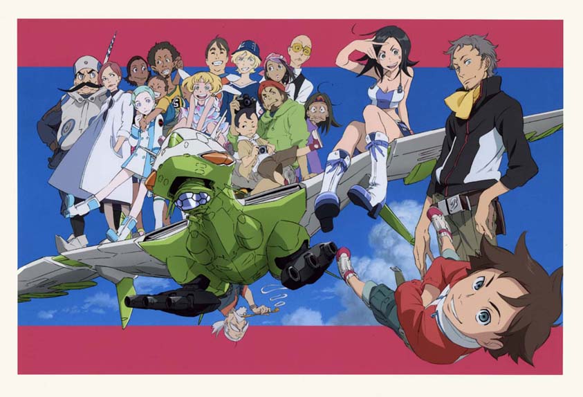 yoshida ken'ichi, eureka (eureka seven), gidget, gonzy, hap, hilda (eureka seven), holland novak, jobs, ken-goh, linck, maeter, matthieu, maurice, mischa, moondoggie, renton thurston, stoner, talho yuuki, woz, eureka seven, eureka seven (series), 00s, 6+boys, 6+girls, aircraft, bald, bare shoulders, black hair, blonde hair, brown hair, dress, everyone, facial hair, frown, grey hair, grin, hat, hug, jacket, kiseru, lying, miniskirt, multiple boys, multiple girls, mustache, red hair, shoes, sitting, skirt, smile, smoking pipe, straddling