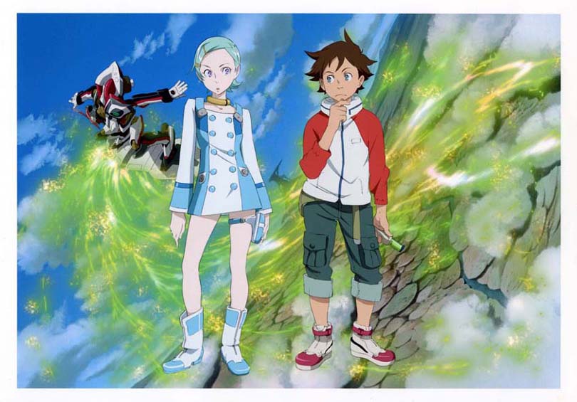 renton, yoshida ken'ichi, eureka (eureka seven), nirvash, renton thurston, eureka seven, eureka seven (series), white footwear, jpeg artifacts, 00s, 1boy, 1girl, aqua hair, blue eyes, boots, brown hair, cargo pants, cloud, collar, day, dress, hair ornament, hairclip, jacket, mecha, pants, purple eyes, raglan sleeves, robot, short hair, spiked hair, thigh strap