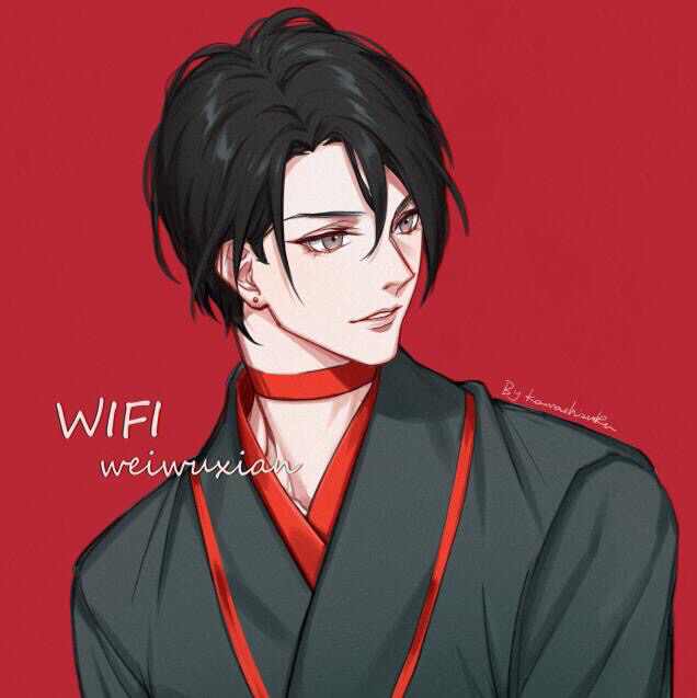 kawashizuku, wei wuxian, modao zushi, chinese commentary, 1boy, alternate hair length, alternate hairstyle, artist name, black hair, black hanfu, character name, chinese clothes, choker, contemporary, earrings, english text, grey eyes, hair between eyes, hanfu, jewelry, looking to the side, male focus, parted lips, red background, red choker, short hair, simple background, smile, solo, upper body