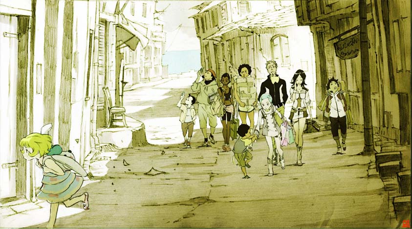 yoshida ken'ichi, eureka (eureka seven), hilda (eureka seven), holland novak, linck, maeter, matthieu, maurice, renton thurston, stoner, talho yuuki, eureka seven, eureka seven (series), 00s, 4girls, 6+boys, alley, dark skin, everyone, miniskirt, multiple boys, multiple girls, sepia, skirt, standing, town