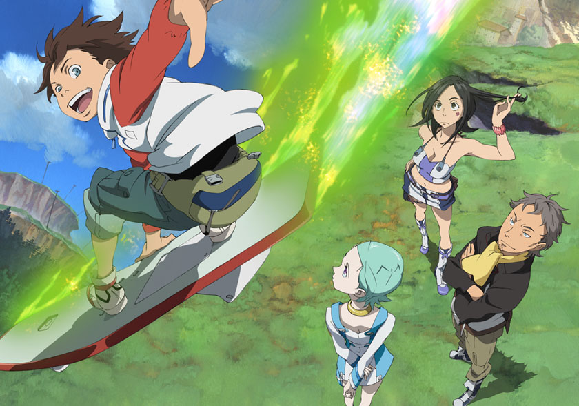 renton, yoshida ken'ichi, eureka (eureka seven), holland novak, renton thurston, talho yuuki, eureka seven, eureka seven (series), grabbing, official art, 00s, 2boys, 2girls, adjusting hair, arms behind back, ascot, black hair, blue eyes, bracelet, breasts, brown hair, cloud, crossed arms, day, denim, facial hair, facial mark, flying, from above, full body, goatee, grass, green hair, grin, holland, jeans, jewelry, long sleeves, looking at viewer, looking up, medium breasts, miniskirt, multiple boys, multiple girls, necklace, outdoors, pants, purple eyes, raglan sleeves, short hair, skirt, smile, smirk, standing
