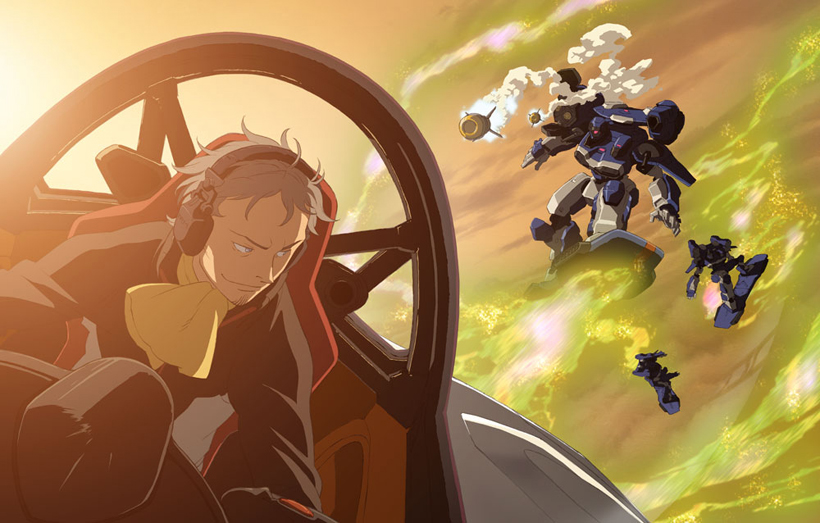 yoshida ken'ichi, holland novak, eureka seven, eureka seven (series), 00s, 1boy, battle, cockpit, contrail, holland, humanoid robot, male focus, mecha, missile, robot, sky, solo, sunset
