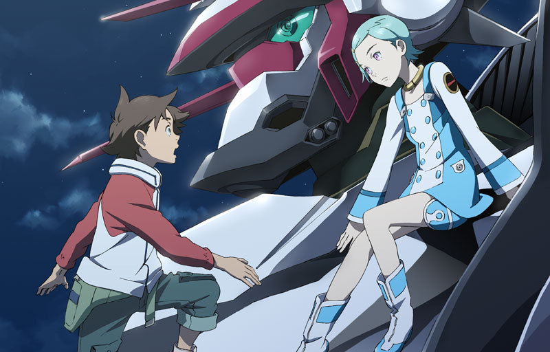 renton, yoshida ken'ichi, eureka (eureka seven), nirvash, renton thurston, eureka seven, eureka seven (series), white footwear, 00s, 1boy, 1girl, aqua hair, boots, brown hair, collar, dress, hair ornament, hairclip, mecha, night, night sky, purple eyes, raglan sleeves, robot, sitting, sky, star (symbol)