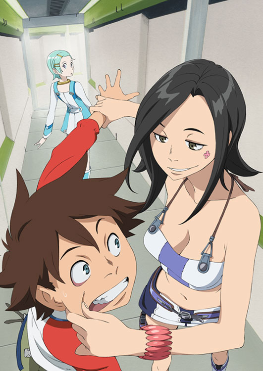 yoshida ken'ichi, eureka (eureka seven), renton thurston, talho yuuki, eureka seven, eureka seven (series), 00s, 1boy, 2girls, aqua hair, bare arms, bare shoulders, belt, black hair, bracelet, breasts, brown hair, cheek pinching, cleavage, clenched teeth, dutch angle, eye contact, fighting, green hair, grin, hair ornament, hairclip, hallway, holding another's wrist, indoors, jewelry, looking at another, looking back, medium breasts, miniskirt, mouth pull, multiple girls, navel, no bra, no socks, pinching, raglan sleeves, short hair, skirt, smile, smirk, standing, strapless, tank top, teeth, tube top