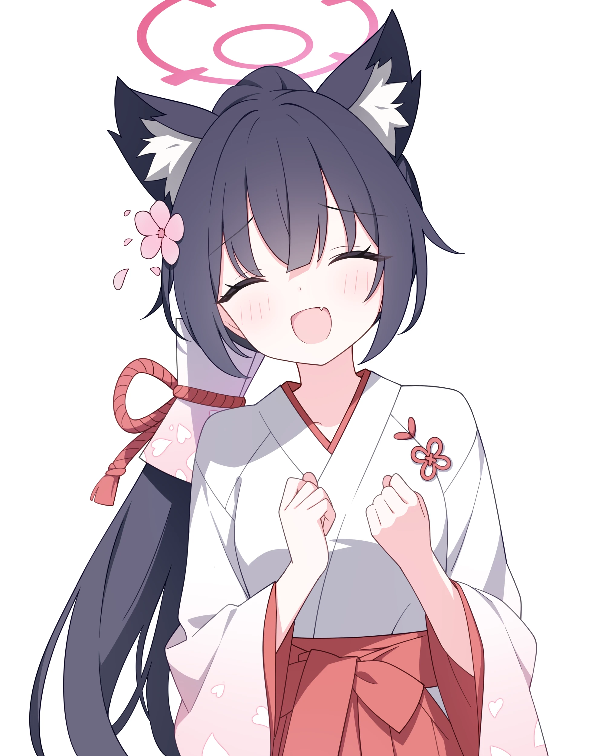 jyt, serika (blue archive), serika (new year) (blue archive), blue archive, absurdres, commentary, highres, making-of available, 1girl, :d, ^ ^, animal ear fluff, animal ears, black hair, blush, cat ears, clenched hands, closed eyes, crossed bangs, extra ears, facing viewer, fang, flower, hair flower, hair ornament, hair tubes, hakama, hakama skirt, halo, hands up, happy, high ponytail, japanese clothes, kimono, long hair, long sleeves, miko, official alternate costume, official alternate hairstyle, open mouth, pink halo, pink petals, ponytail, print kimono, red hakama, sidelocks, simple background, skin fang, skirt, smile, solo, straight-on, upper body, very long hair, white background, white kimono, wide sleeves