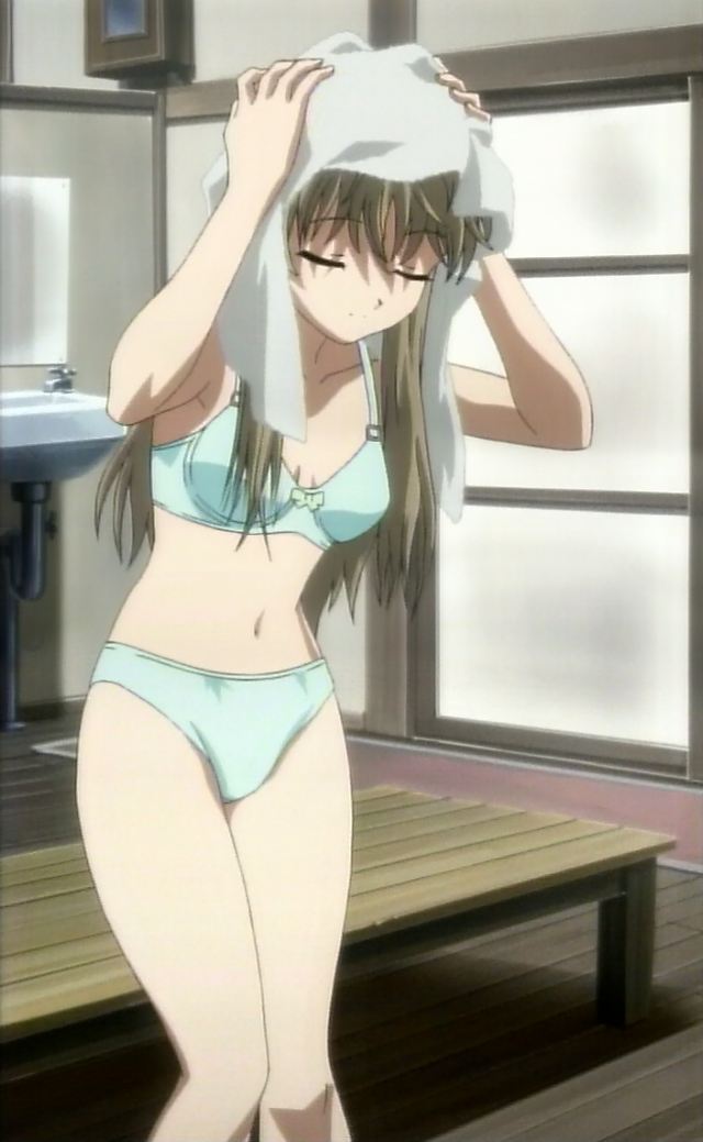 shirogane souju, futakoi, anime screenshot, 00s, 1girl, blue panties, bra, brown hair, closed eyes, drying hair, drying own hair, female focus, lingerie, long hair, panties, solo, towel, towel on head, underwear, underwear only