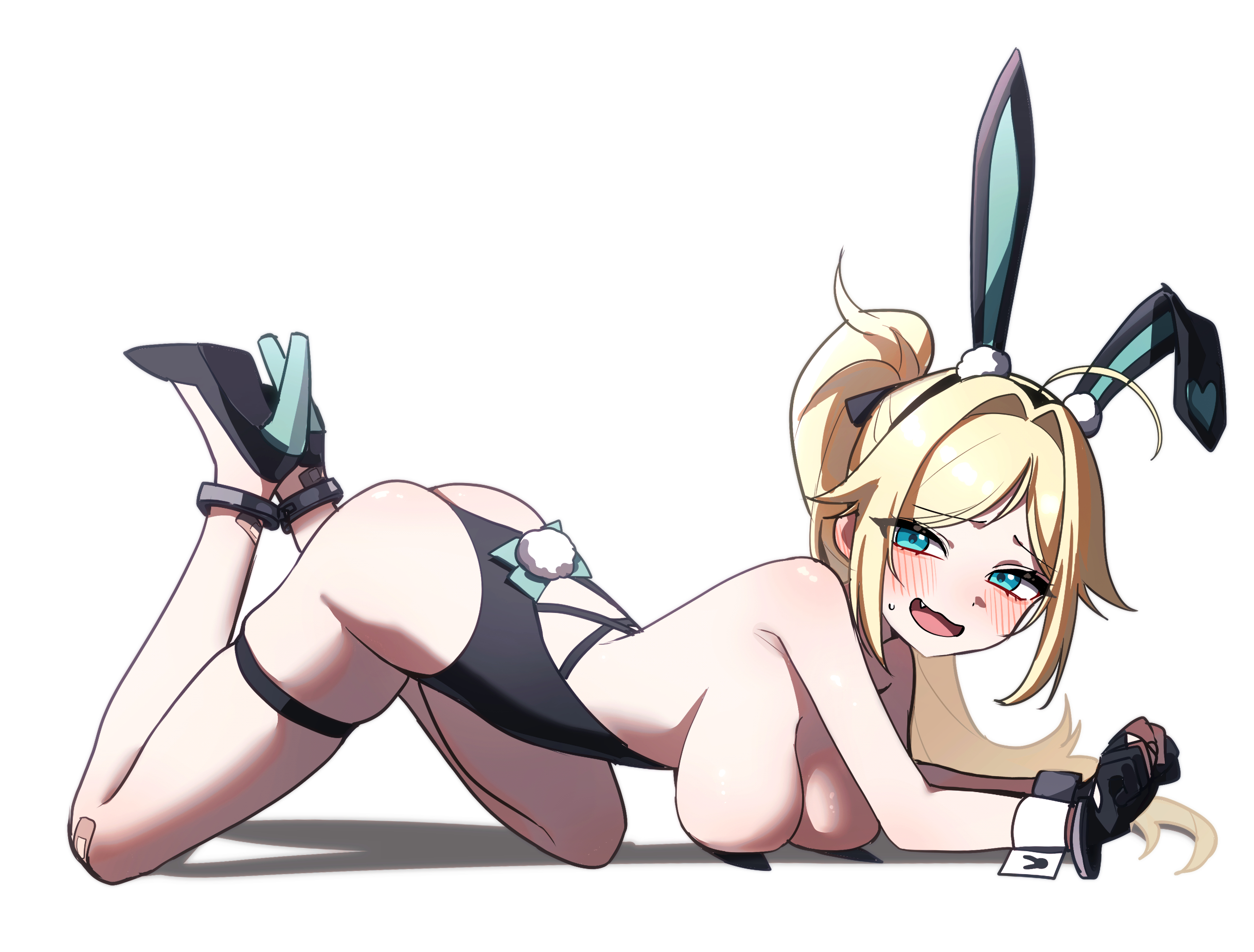 moonb3702, nicky blake, nicky blake (bad beat), black survival, eternal return: black survival, commentary request, highres, korean commentary, 1girl, ahoge, all fours, animal ears, ankle cuffs, ass, backless leotard, bandaid, bandaid on knee, bandaid on leg, bare shoulders, black gloves, black leotard, black shoes, blonde hair, blue eyes, blush, breasts, cleavage, fake animal ears, fake tail, fang, gloves, hairband, high heels, highleg, highleg leotard, large breasts, legs up, leotard, long hair, looking at viewer, official alternate costume, open mouth, playboy bunny, ponytail, rabbit ears, rabbit tail, shoes, skindentation, smile, solo, strapless, strapless leotard, sweatdrop, tail, thigh strap, thighs, top-down bottom-up, wrist cuffs
