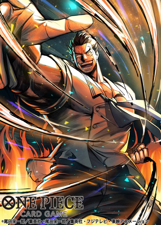 tobo katsuo, monkey d. garp, one piece, one piece card game, commentary request, official art, 1boy, aged down, black hair, blonde hair, blue neckerchief, copyright name, embers, fire, incoming attack, male focus, marine uniform (one piece), neckerchief, shirt, short hair, sleeveless, sleeveless shirt, smile, solo, stitched face, stitches