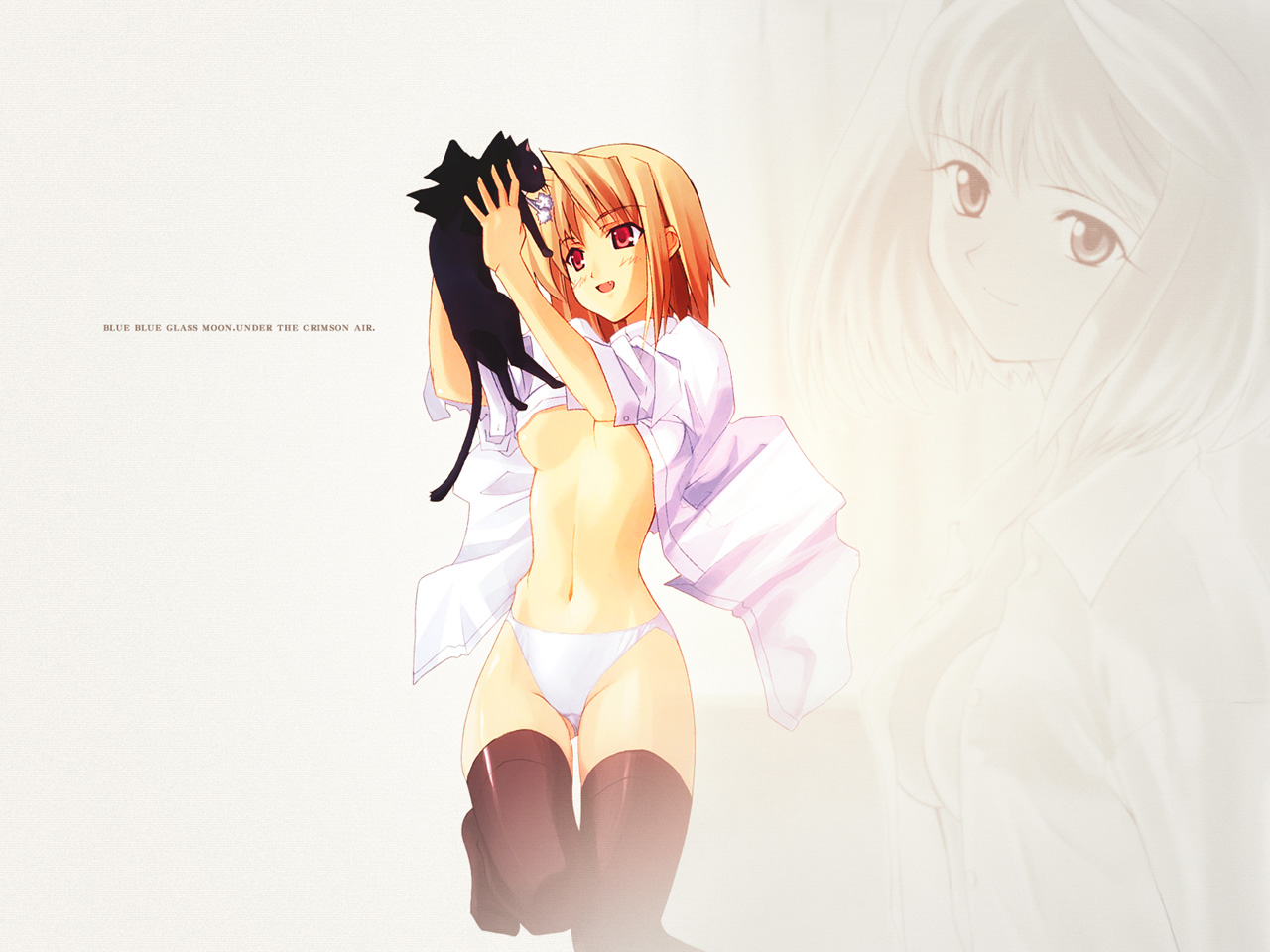 shingo (missing link), arcueid brunestud, len (cat) (tsukihime), len (tsukihime), tsukihime, 00s, 1girl, animal, black thighhighs, blonde hair, breasts, cat, dress shirt, female focus, holding, holding animal, holding cat, medium breasts, navel, no bra, no pants, open clothes, open shirt, panties, red eyes, shirt, sleeves pushed up, solo, thighhighs, underboob, underwear, white panties