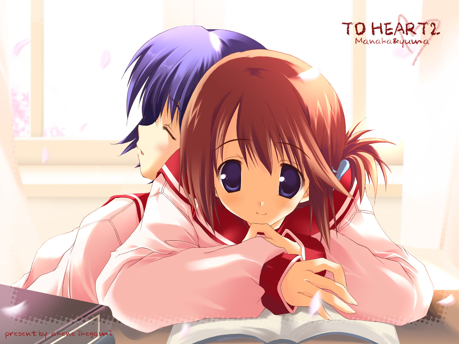 ikegami akane, komaki manaka, tonami yuma, to heart (series), to heart 2, highres, 00s, 2girls, book, character name, copyright name, folded ponytail, leaning on person, multiple girls, open book, reading, school uniform, serafuku, sleeping