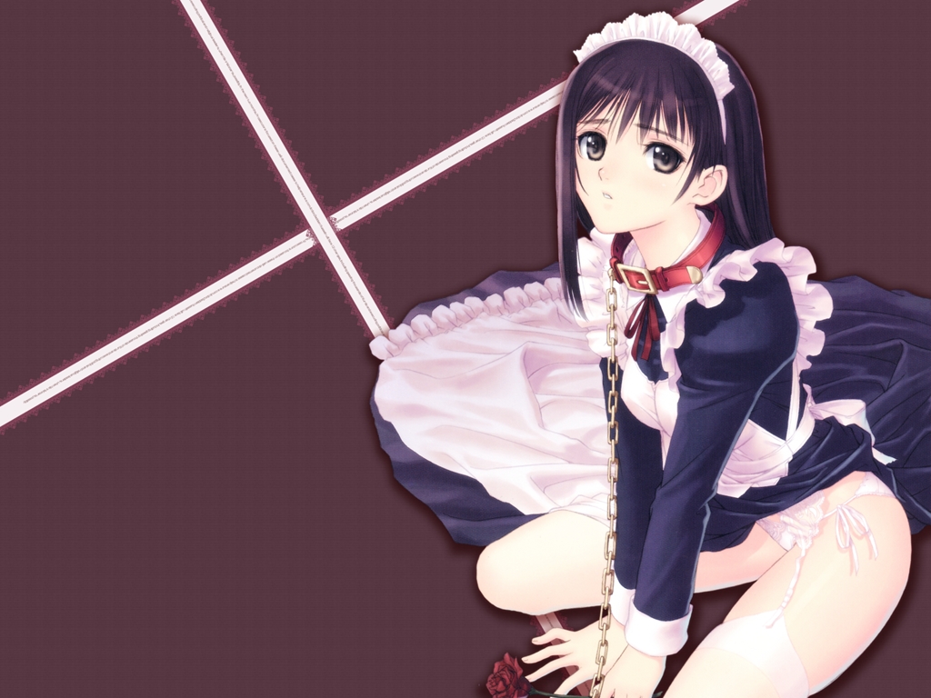 tony taka, watase nozomi, genmukan, wallpaper, 00s, 1girl, chain, chain leash, collar, garter belt, leash, maid, maid headdress, panties, side-tie panties, slave, solo, thighhighs, underwear, white panties, white thighhighs