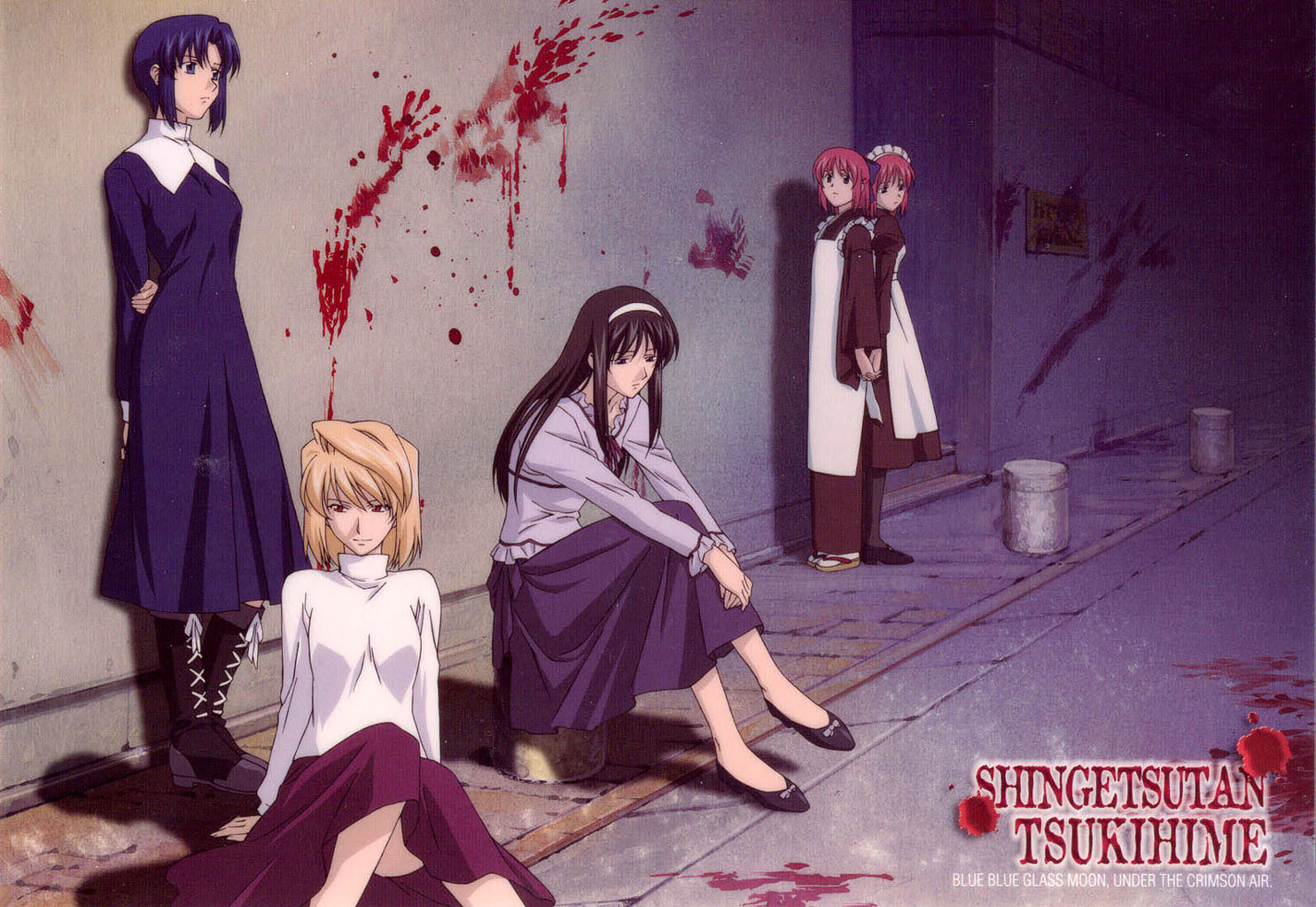 arcueid brunestud, ciel (tsukihime), hisui (tsukihime), kohaku (tsukihime), tohno akiha, j.c. staff, tsukihime, black legwear, artist request, 00s, 5girls, against wall, back-to-back, black hair, blonde hair, blood, blood splatter, bloody handprints, blue hair, boots, dress, hairband, handprint, holding hands, interlocked fingers, long hair, long skirt, maid, multiple girls, pink hair, purple skirt, red eyes, sad, short hair, siblings, sisters, sitting, skirt, smile, sweater, turtleneck, twins