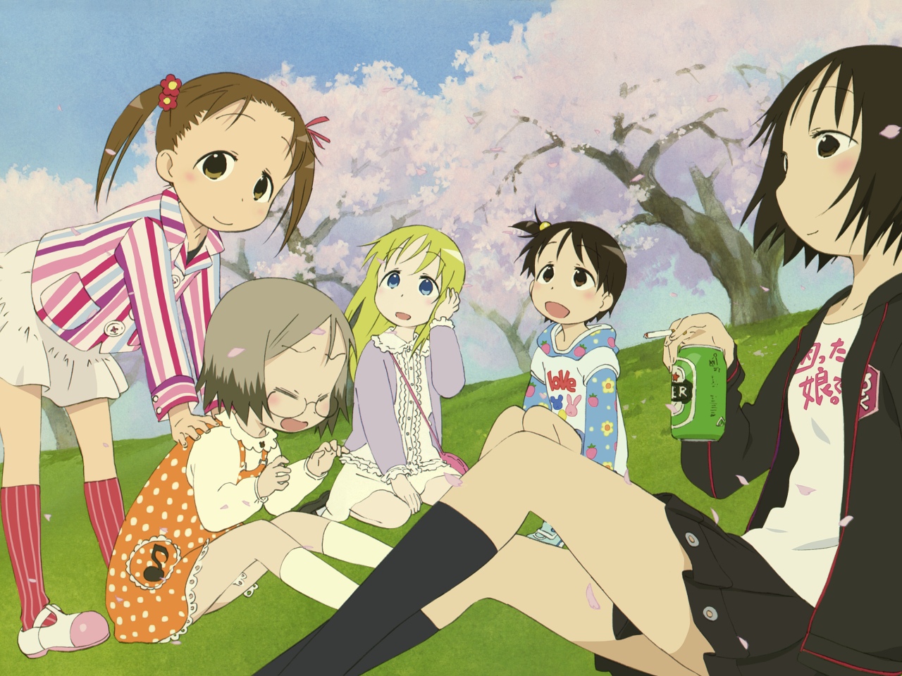 ana coppola, itou chika, itou nobue, matsuoka miu, sakuragi matsuri, ichigo mashimaro, 5girls, adjusting hair, alcohol, bag, beer, bent over, black eyes, black hair, blonde hair, blue eyes, blush, brown hair, can, cherry blossoms, child, cigarette, closed eyes, day, dress, grass, grey hair, handbag, kneehighs, long sleeves, multiple girls, musical note, outdoors, petals, polka dot, quaver, short dress, short hair, short twintails, siblings, side ponytail, sisters, sitting, skirt, smile, smoking, socks, striped clothes, striped socks, tree, twintails, underage drinking, vertical-striped clothes, vertical-striped socks, wince