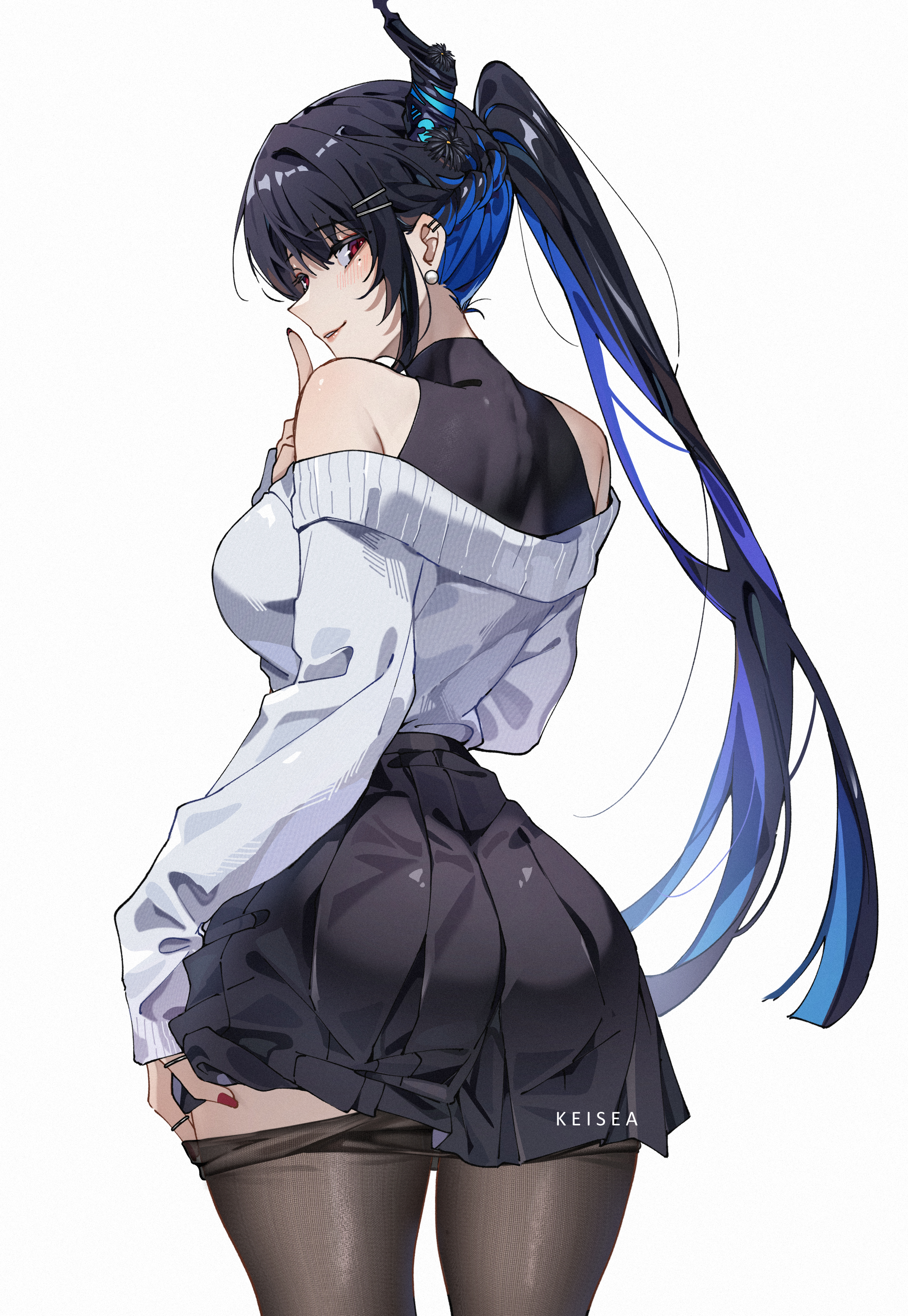keisea, nerissa ravencroft, hololive, hololive english, absurdres, highres, paid reward available, 1girl, alternate costume, ass, black hair, black pantyhose, black shirt, black skirt, blue hair, breasts, colored inner hair, demon horns, earrings, from behind, hair ornament, hairclip, hand up, horns, index finger raised, jewelry, large breasts, long hair, looking at viewer, looking back, miniskirt, multicolored hair, off-shoulder sweater, off shoulder, pantyhose, pleated skirt, ponytail, shirt, simple background, skirt, solo, sweater, very long hair, white background, white sweater
